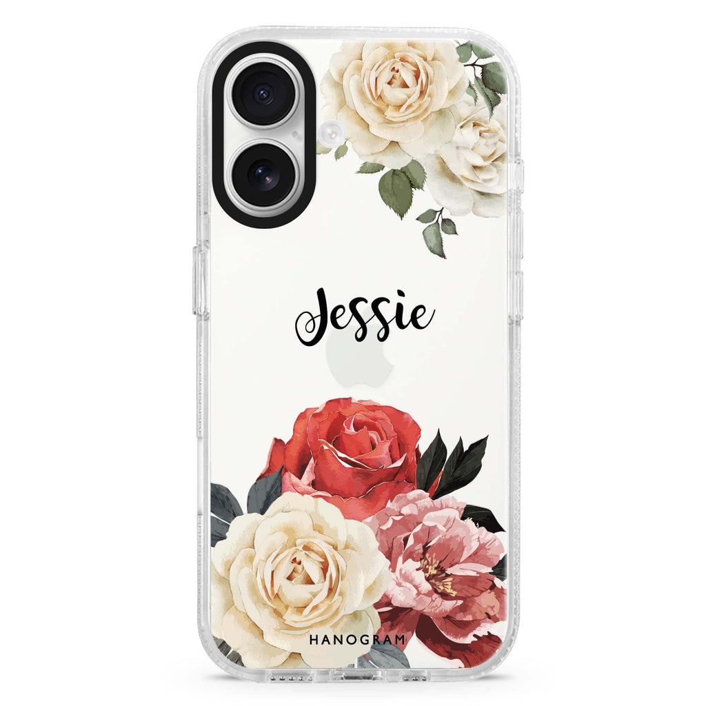 Vintage Floral custom name iPhone 16 and 16 Plus ultra clear case, transparent floral artwork, front product view