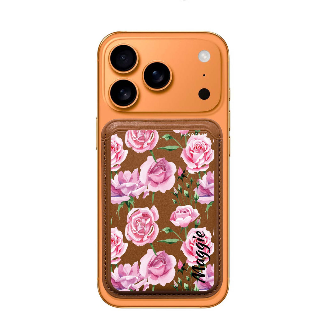 Pink Rose custom name MagSafe wallet for iPhone, personalized magnetic card holder, main view