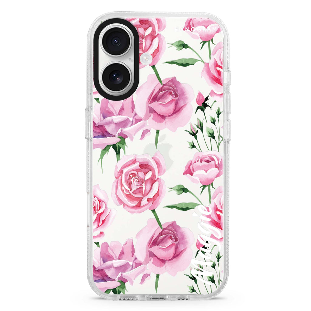 Pink Rose custom name iPhone 16 and 16 Plus ultra clear case, transparent floral artwork, front product view
