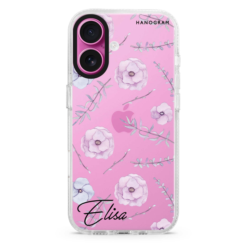 Vibrant Floral custom name iPhone 16 and 16 Plus ultra clear case, transparent floral artwork, front product view