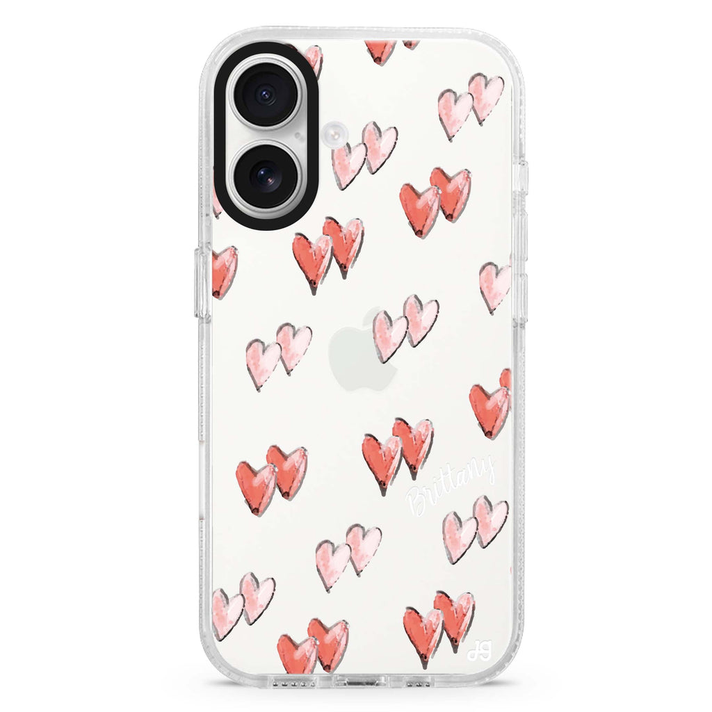 Double Heart custom name iPhone 16 and 16 Plus ultra clear case, transparent artistic artwork, front product view