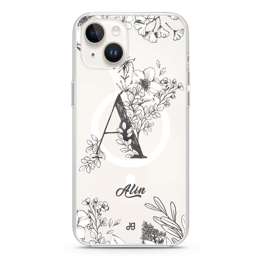 Vintage Floral Monogram iPhone 15 Plus MagSafe Compatible Ultra Clear Case