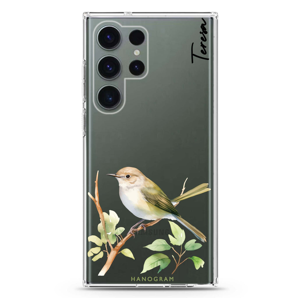 Warbler Whisper personalized name Samsung Galaxy S26/S25/S24/S23/S22 Ultra ultra clear case, transparent design, main view