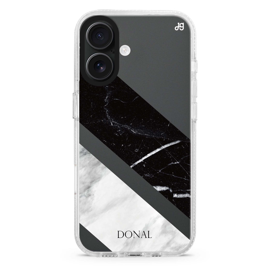 B & W Marble custom name iPhone 16 and 16 Plus ultra clear case, transparent marble pattern, front product view