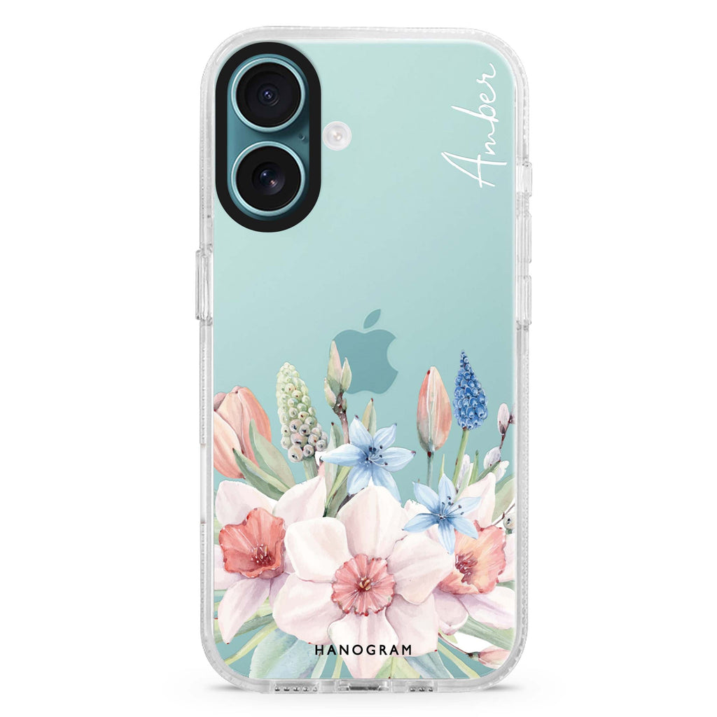 My Glamour Floral custom name iPhone 16 and 16 Plus ultra clear case, transparent floral artwork, front product view