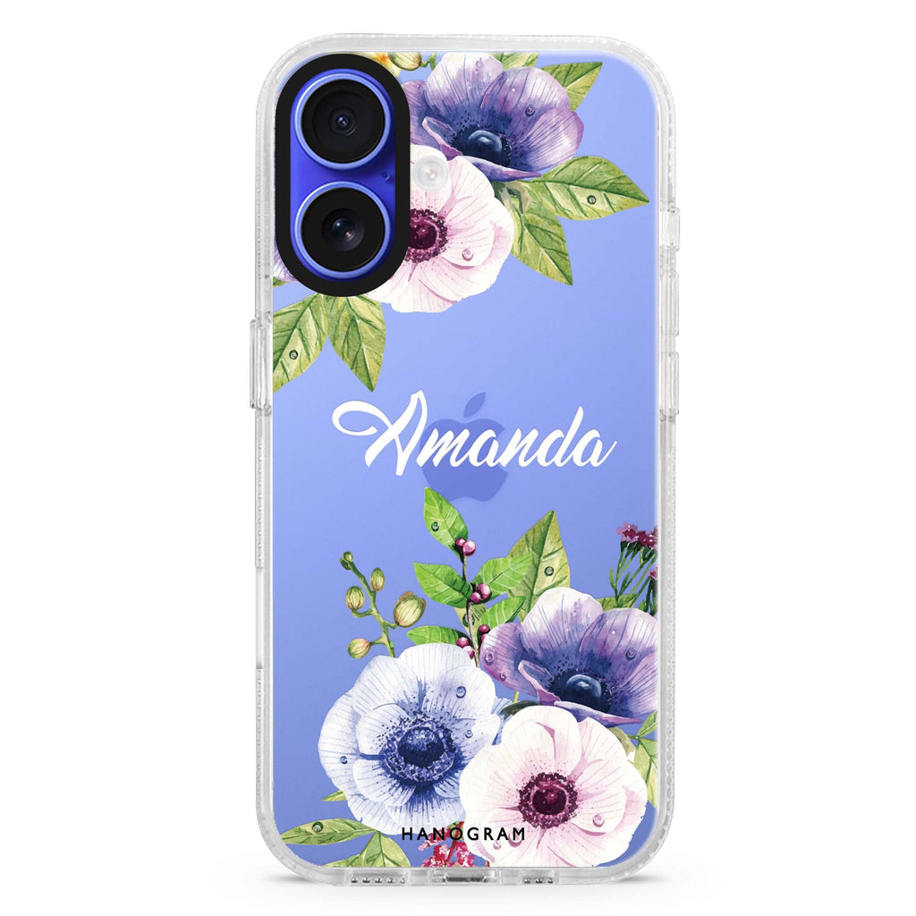 Blooming Flowers custom name iPhone 16 and 16 Plus ultra clear case, transparent floral artwork, front product view