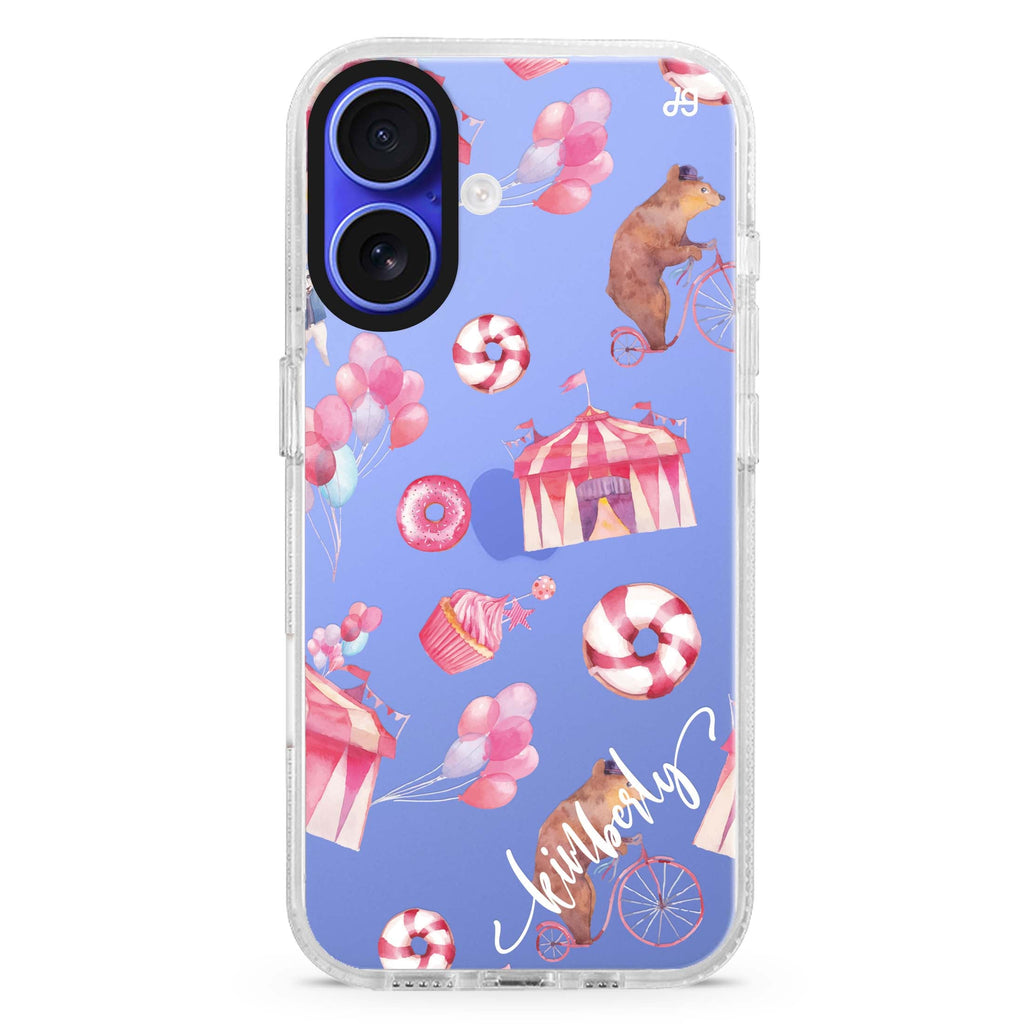 Red Circus custom name iPhone 16 and 16 Plus ultra clear case, transparent colorful artwork, front product view