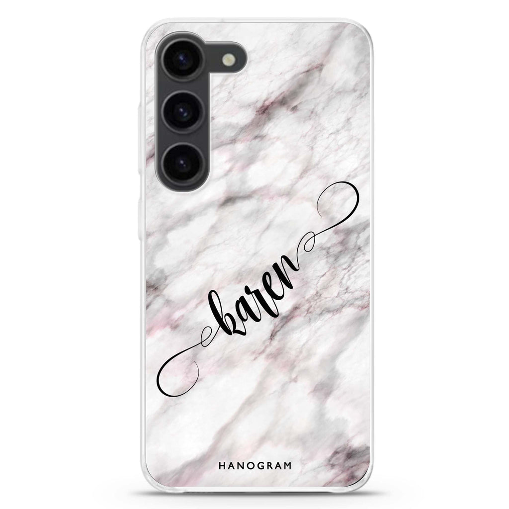 Cursive Name & Marble personalized ultra-clear case for Samsung Galaxy S23/S22, front view