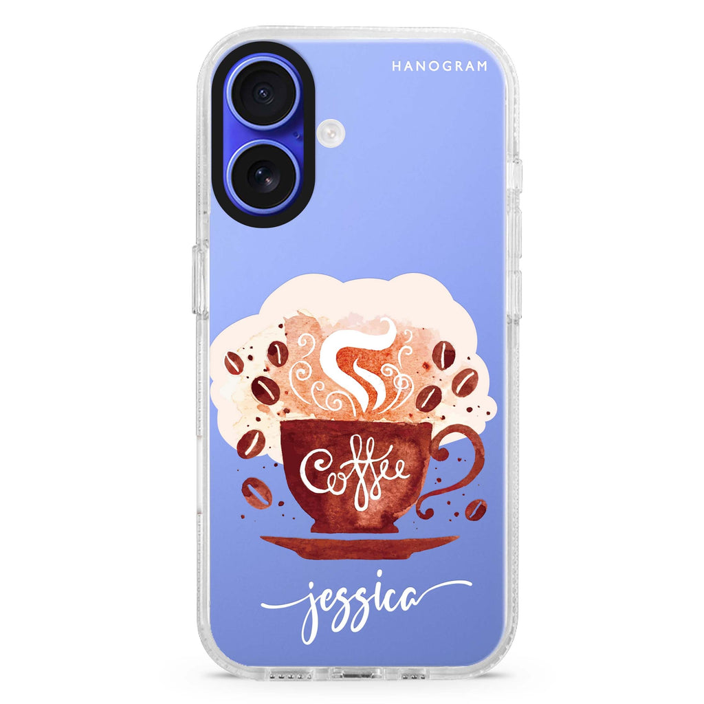 Fragrant coffee custom name iPhone 16 and 16 Plus ultra clear case, transparent food artwork, front product view