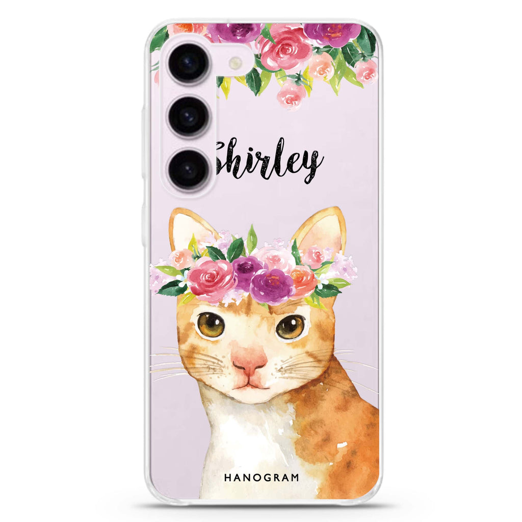 Floral and Cat personalized ultra-clear case for Samsung Galaxy S23/S22, front view