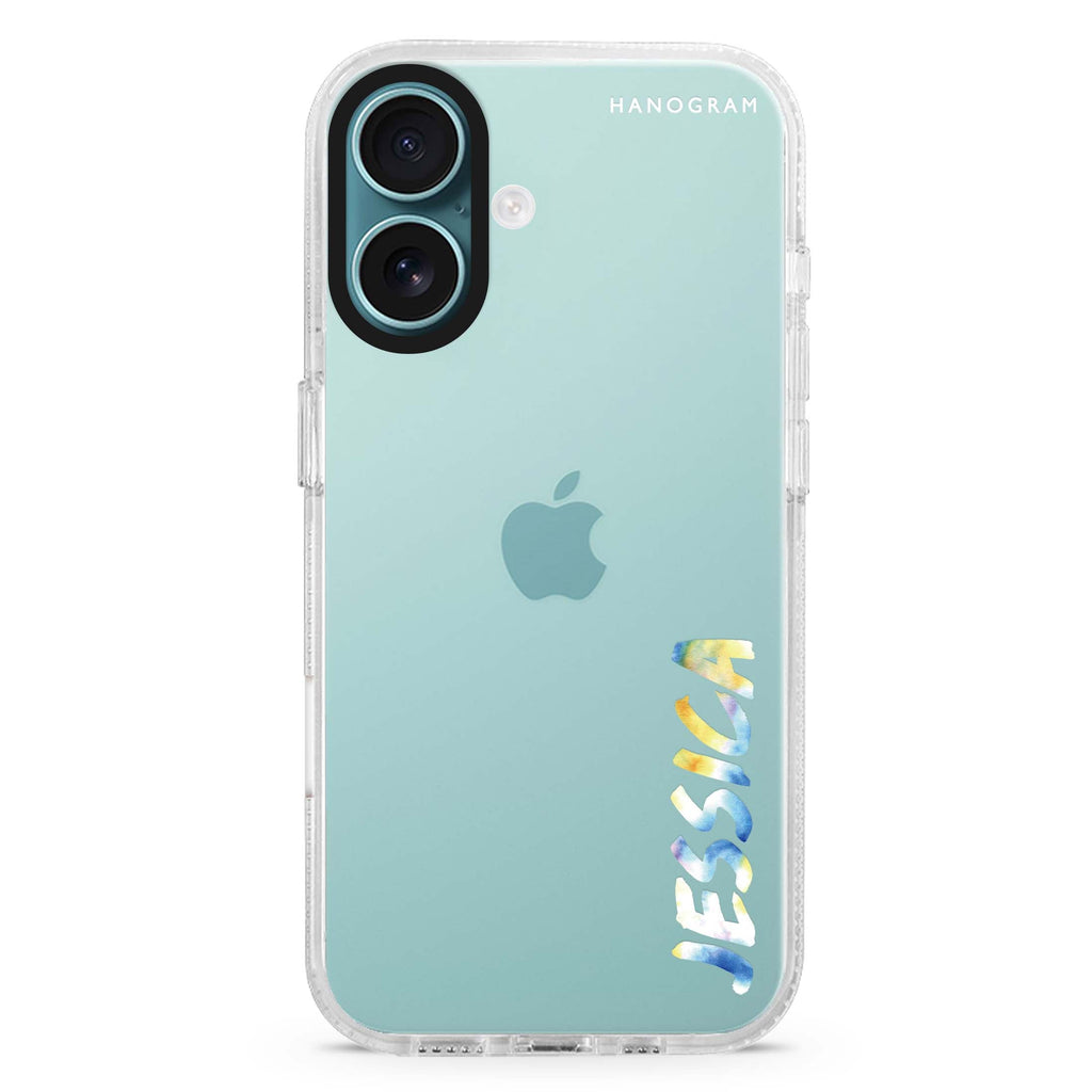 My Watercolour Name custom name iPhone 16 and 16 Plus ultra clear case, transparent name artwork, front product view