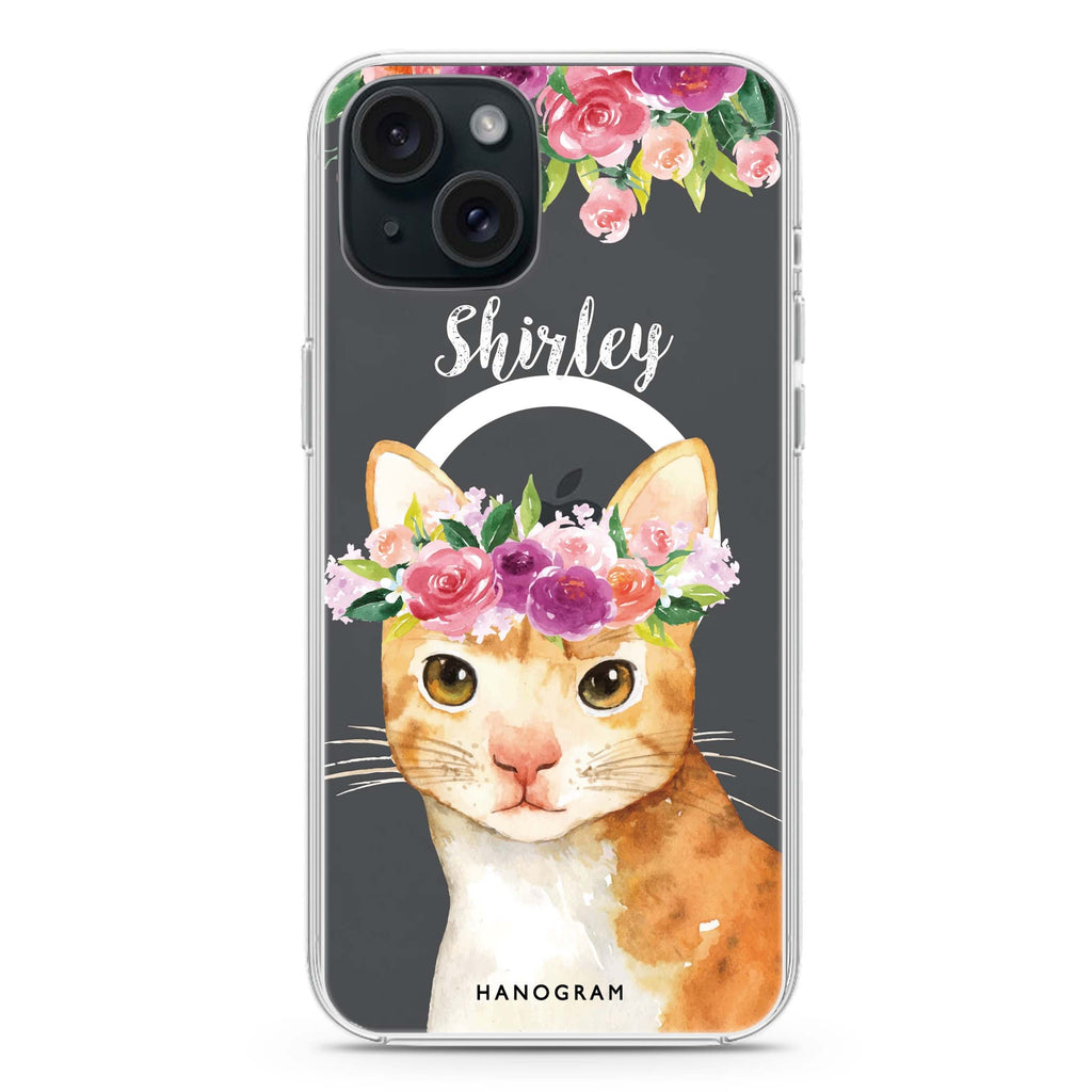 Floral and Cat iPhone 15 Plus MagSafe Compatible Ultra Clear Case