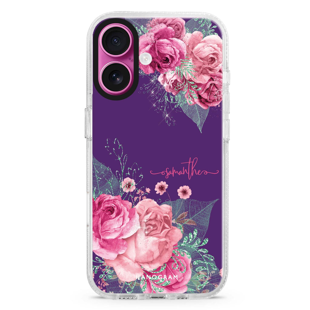 WildRose custom name iPhone 16 and 16 Plus ultra clear case, transparent floral artwork, front product view