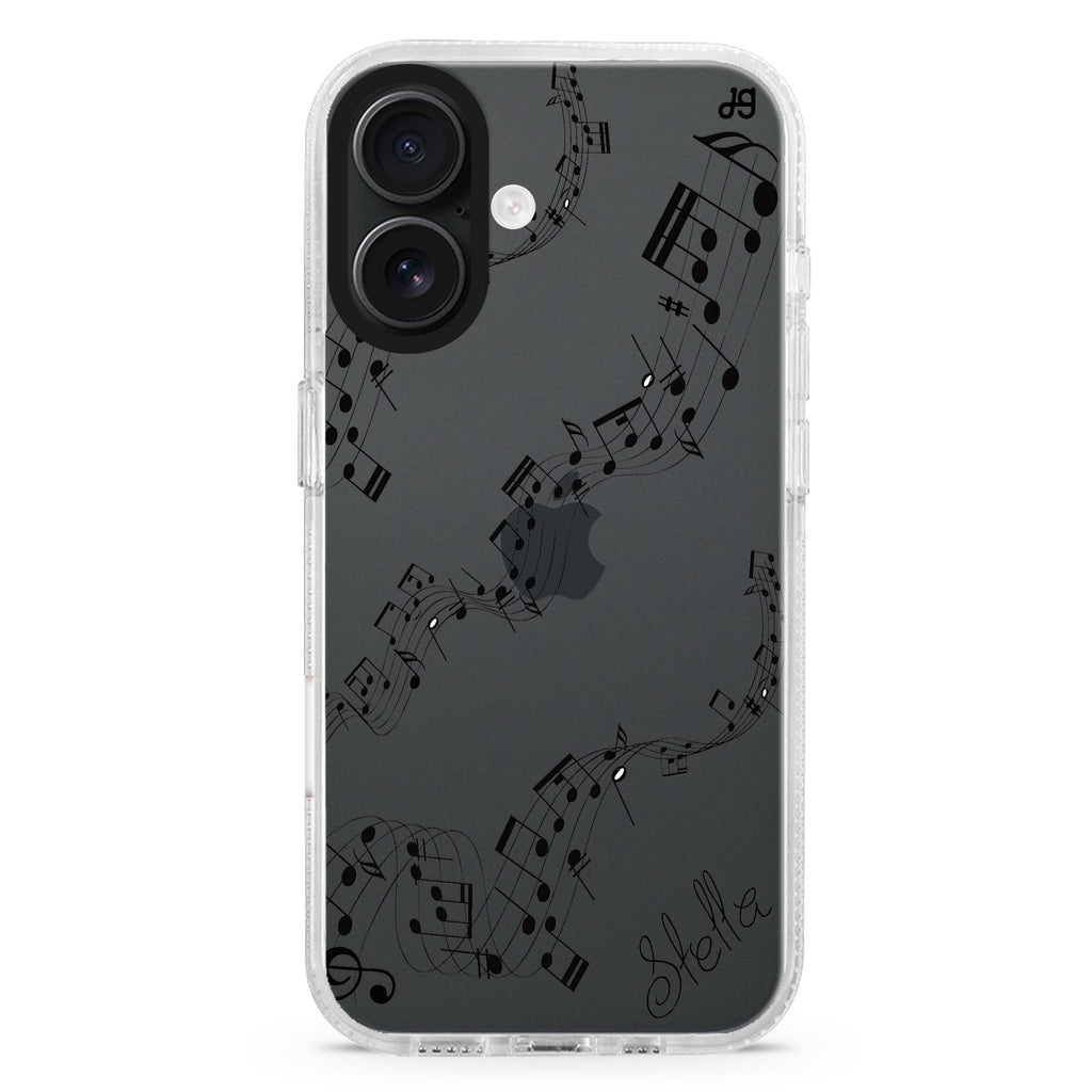 Music custom name iPhone 16 and 16 Plus ultra clear case, transparent graphic artwork, front product view