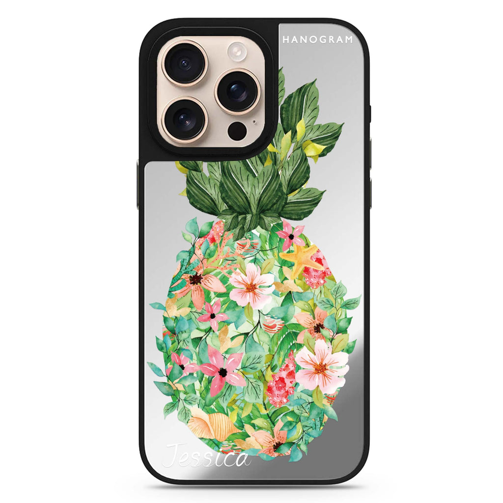 Floral Pineapple personalized name floral design iPhone 16/15/14 Pro Max & Pro mirror case