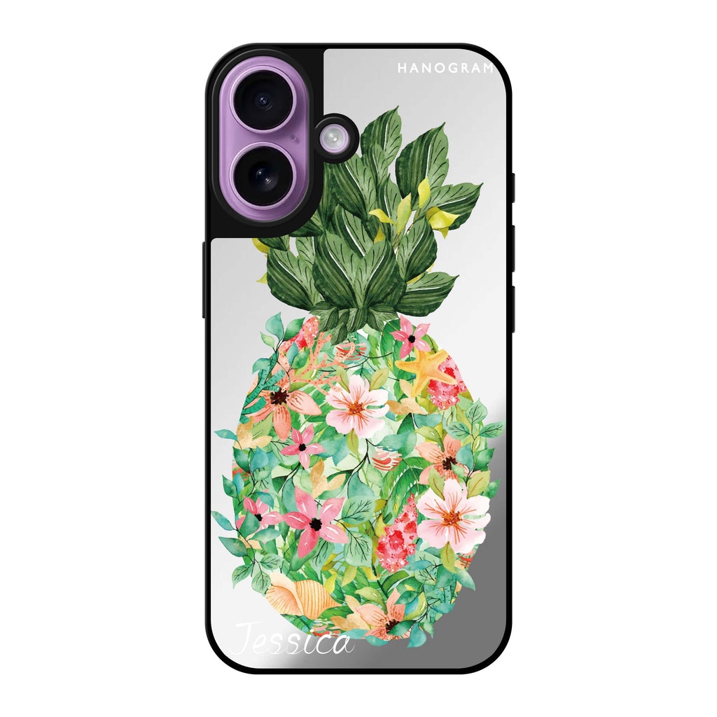 Reflective iPhone 16 Mirror Case –Floral Pineapple Design