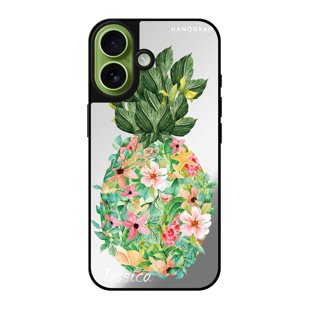 Reflective iPhone 16 Mirror Case –Floral Pineapple Design