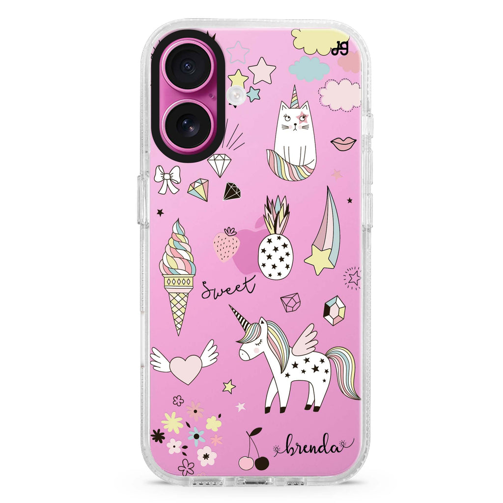My lovely Cartoon custom name iPhone 16 and 16 Plus ultra clear case, transparent artistic artwork, front product view