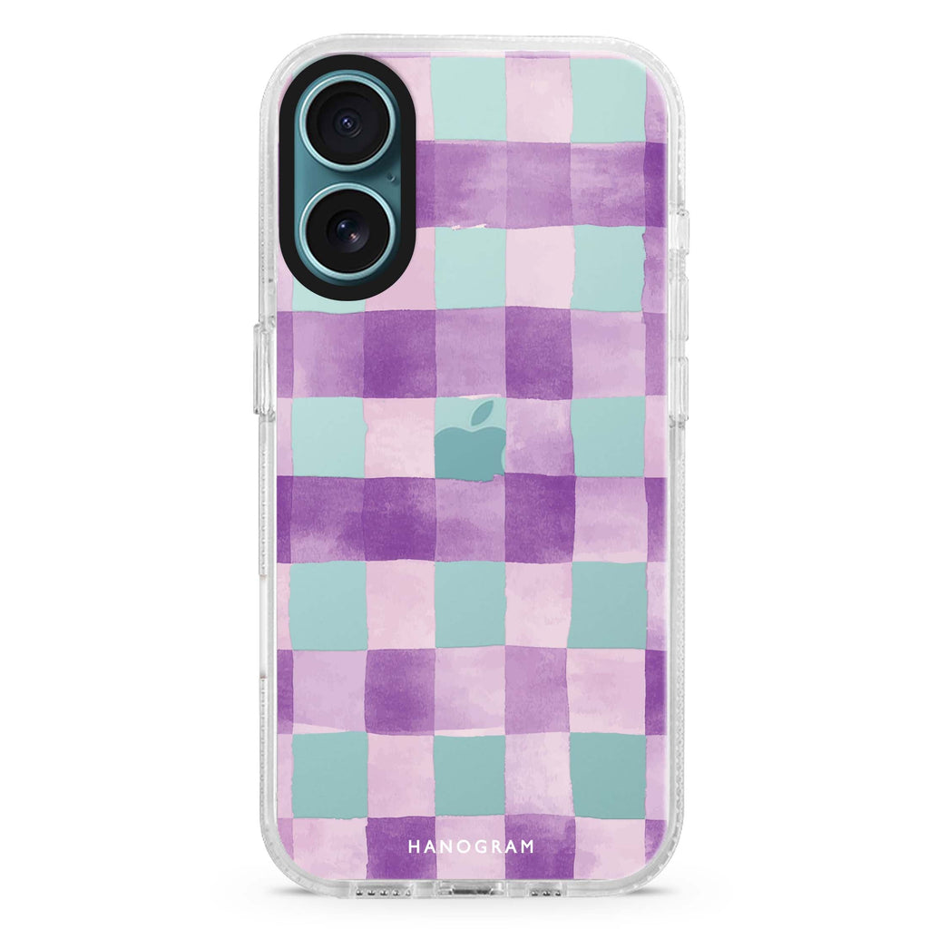 Lavender Checks iPhone 16 and 16 Plus ultra clear case, transparent floral artwork, front product view