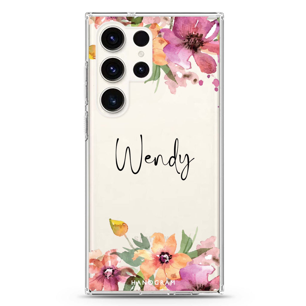 Garden Glow personalized name Samsung Galaxy S26/S25/S24/S23/S22 Ultra ultra clear case, transparent design, main view