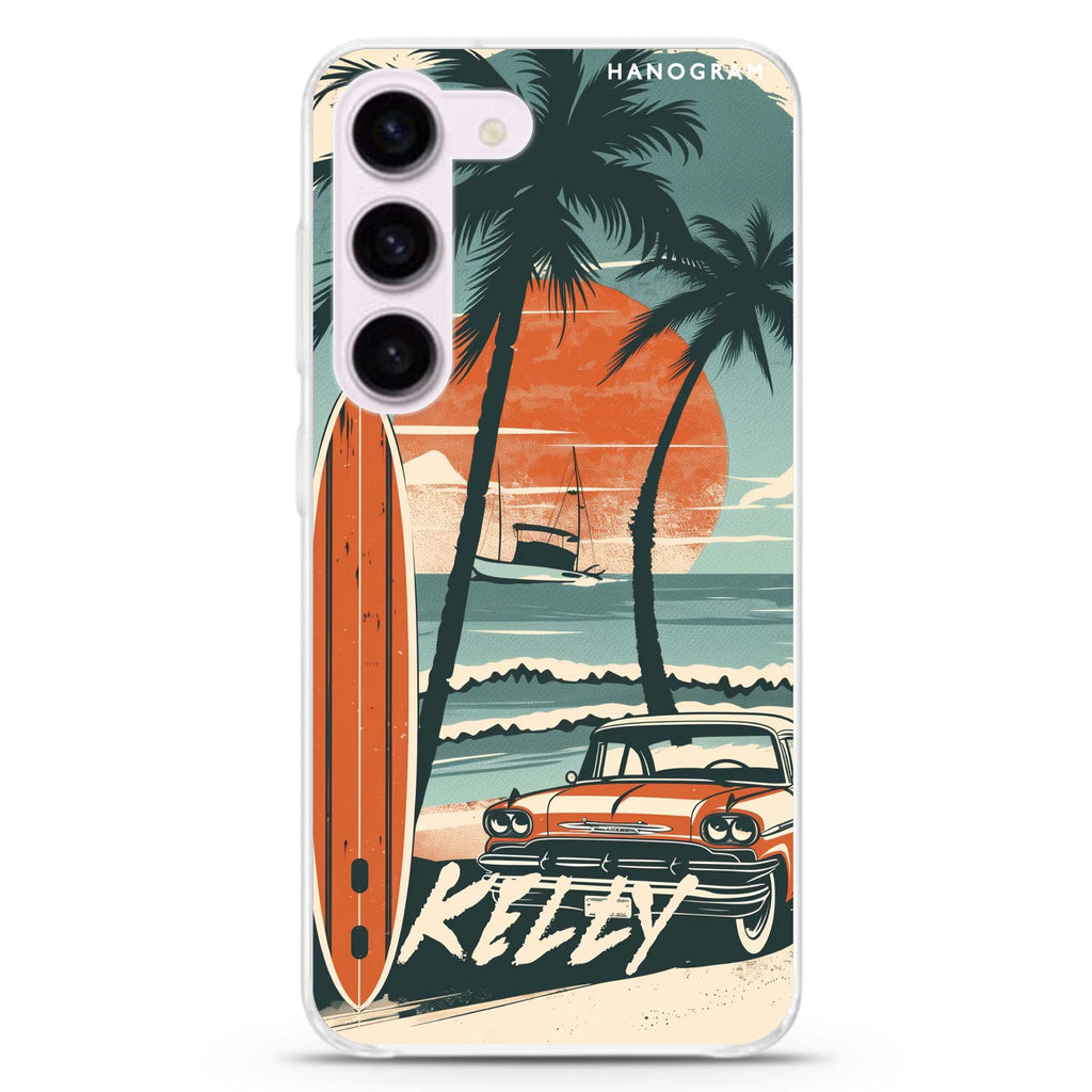 Surf Vibes personalized ultra-clear case for Samsung Galaxy S23/S22, front view