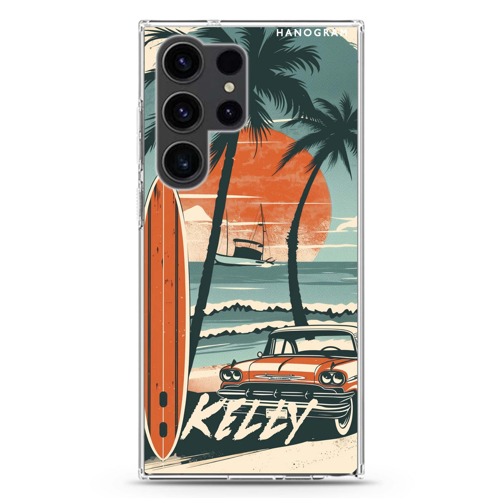 Surf Vibes personalized name Samsung Galaxy S26/S25/S24/S23/S22 Ultra ultra clear case, transparent design, main view