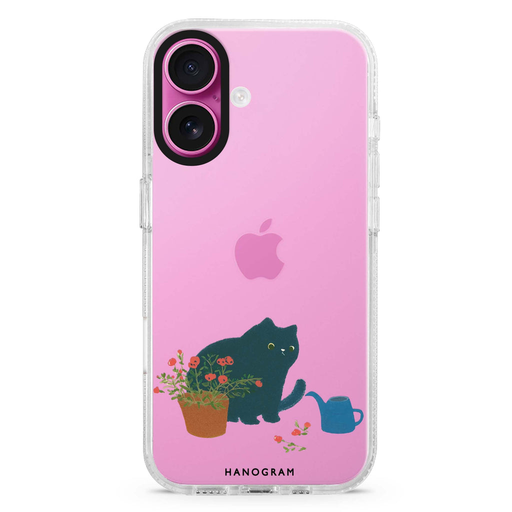 Bloom Keeper Cat iPhone 16 and 16 Plus ultra clear case, transparent cat artwork, front product view