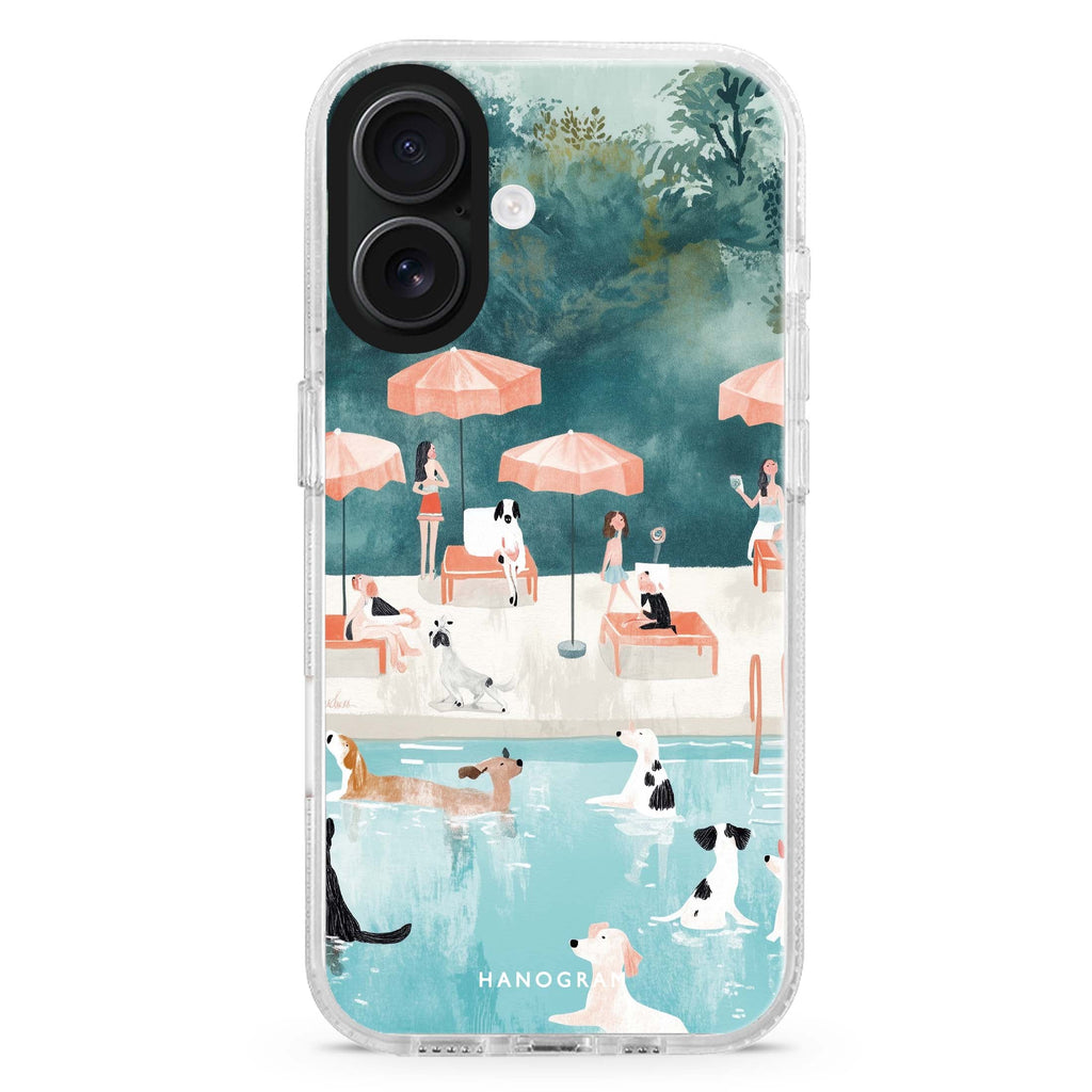 Paws by the Pool iPhone 16 and 16 Plus ultra clear case, transparent graphic artwork, front product view