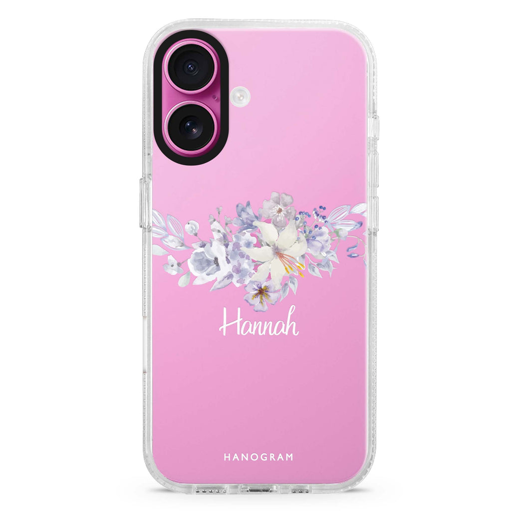Serene Flowers & Me custom name iPhone 16 and 16 Plus ultra clear case, transparent floral artwork, front product view