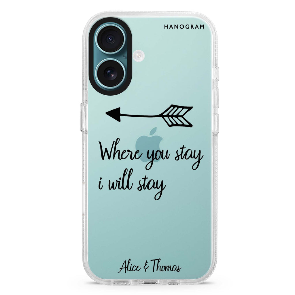 Always love together custom name iPhone 16 and 16 Plus ultra clear case, transparent romantic artwork, front product view