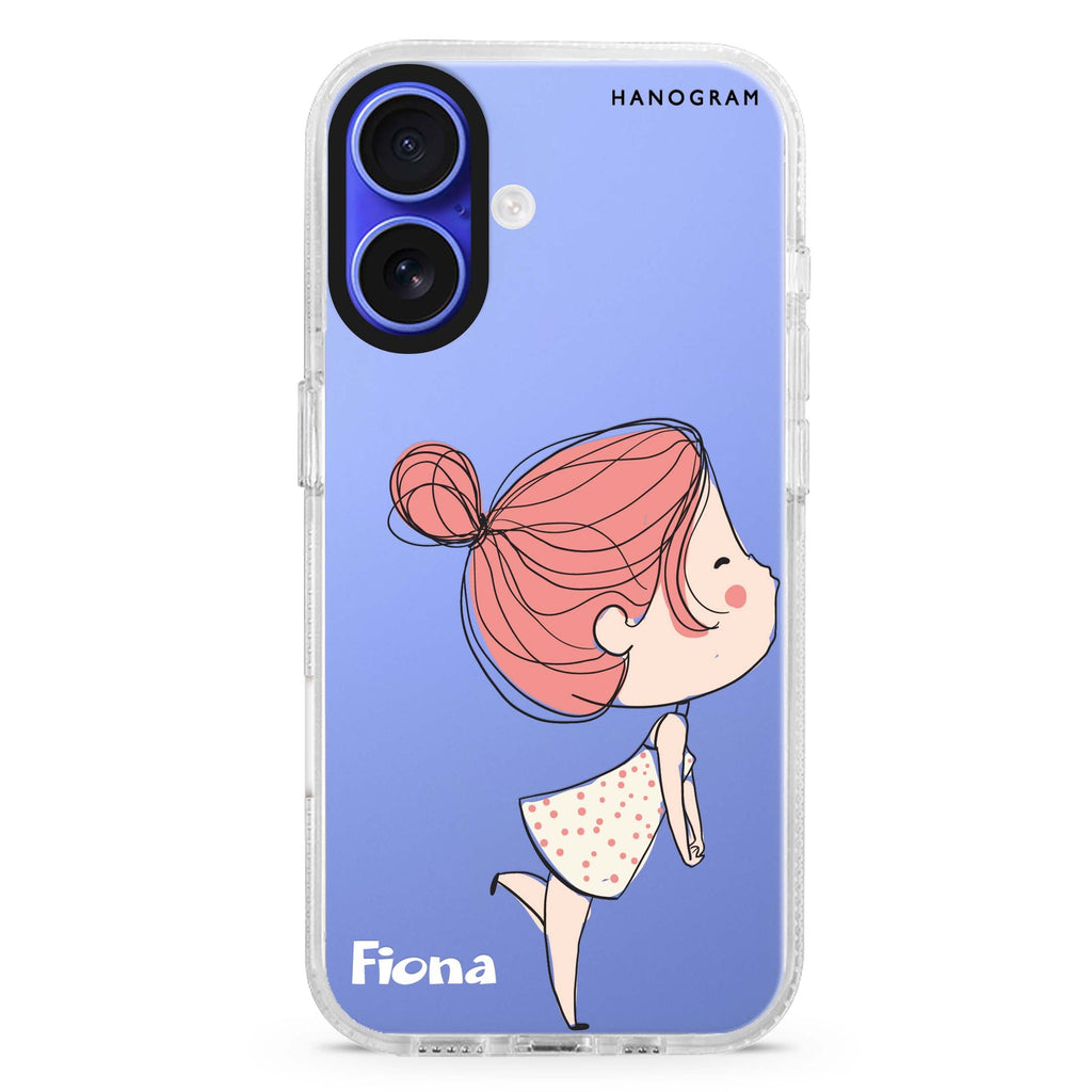 Cute girl kissing custom name iPhone 16 and 16 Plus ultra clear case, transparent romantic artwork, front product view