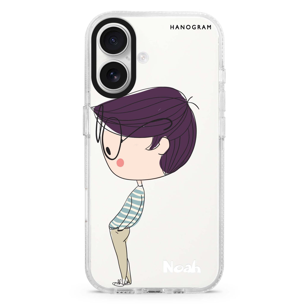 Boy kissing custom name iPhone 16 and 16 Plus ultra clear case, transparent romantic artwork, front product view