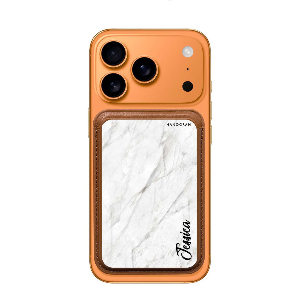 White Marble – Deep Love custom name MagSafe wallet for iPhone, personalized magnetic card holder, main view