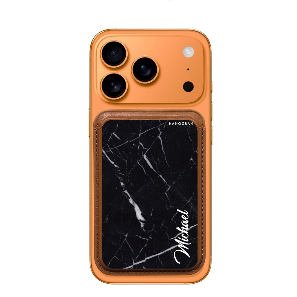 Black Marble – Deep Love custom name MagSafe wallet for iPhone, personalized magnetic card holder, main view
