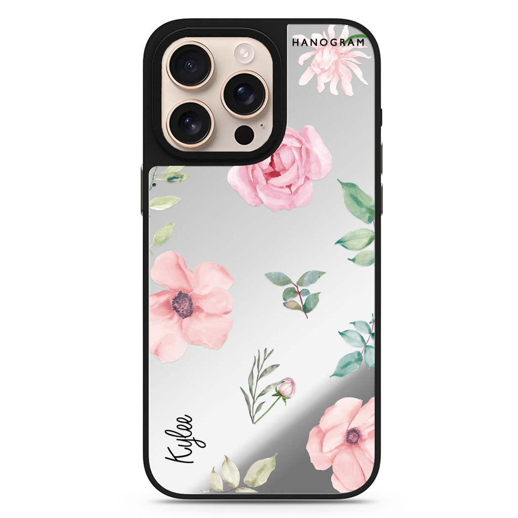 Rose Flower personalized name floral design iPhone 16/15/14 Pro Max & Pro mirror case