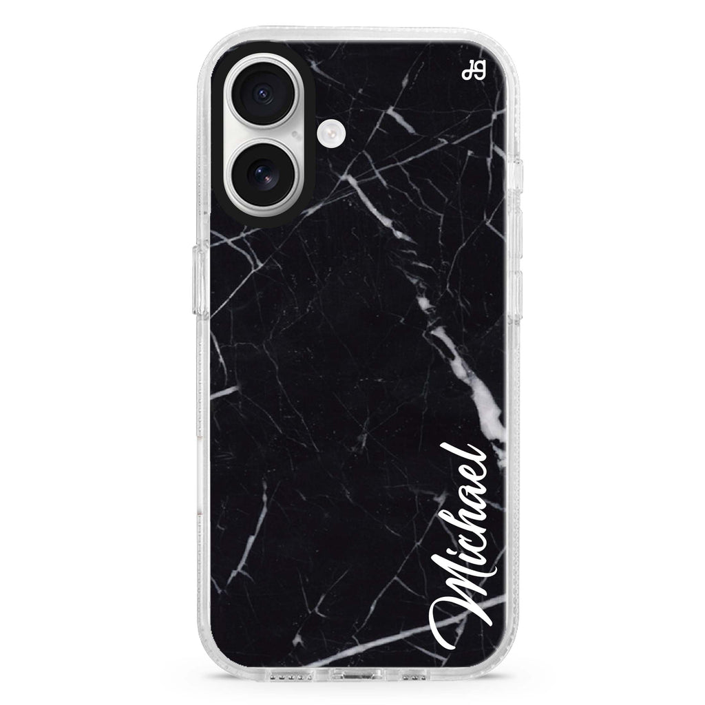 Black Marble – Deep Love custom name iPhone 16 and 16 Plus ultra clear case, transparent marble pattern, front product view