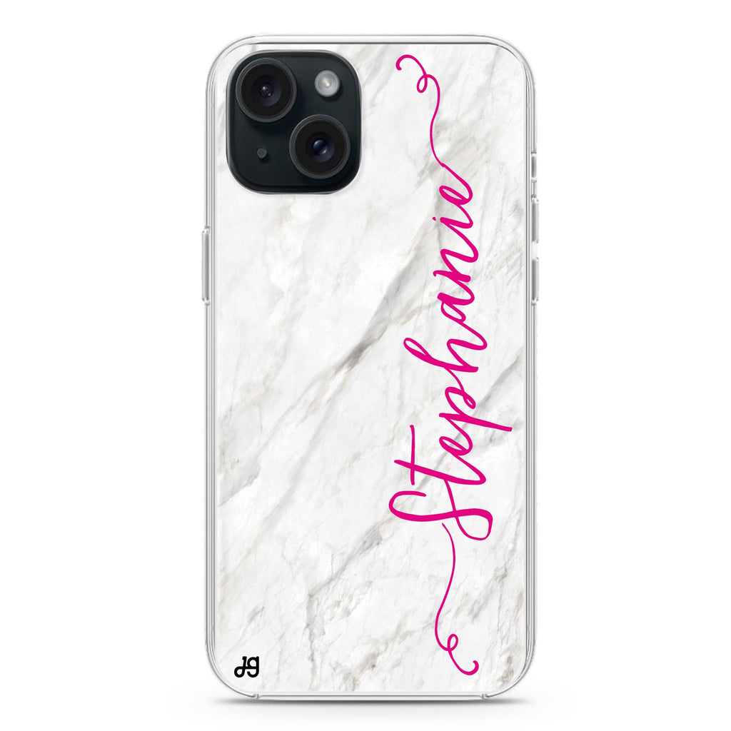 Vertical Cursive & Marble Sleek iPhone 15 Plus MagSafe Compatible Ultra Clear Case