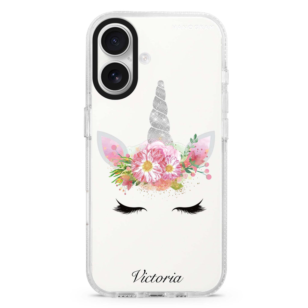 Unicorn's Brow custom name iPhone 16 and 16 Plus ultra clear case, transparent graphic artwork, front product view