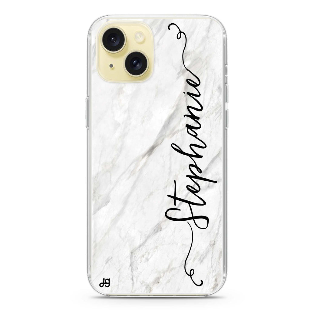 Vertical Cursive & Marble Sleek iPhone 15 plus Ultra Clear Case