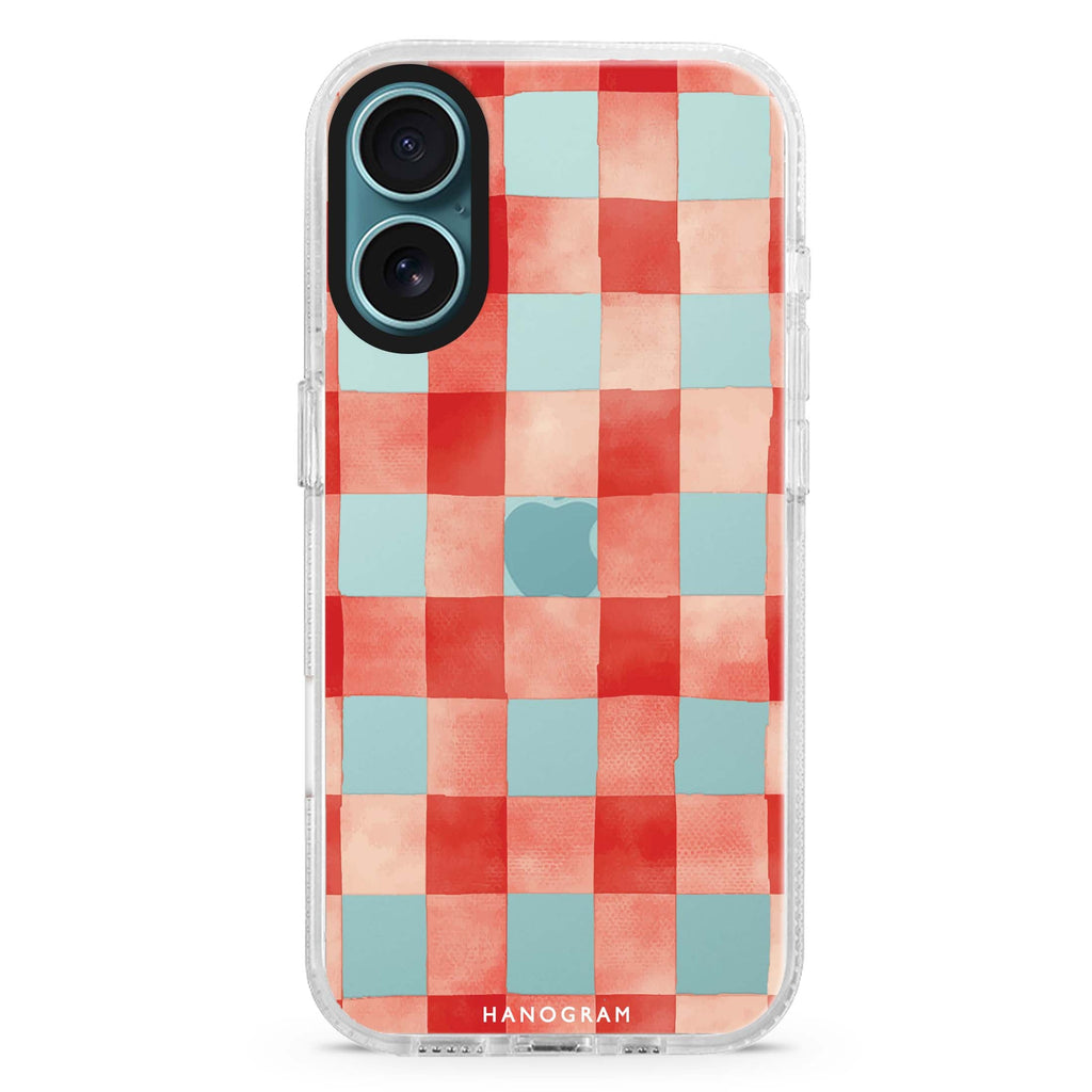 Cherry Checks iPhone 16 and 16 Plus ultra clear case, transparent abstract pattern, front product view