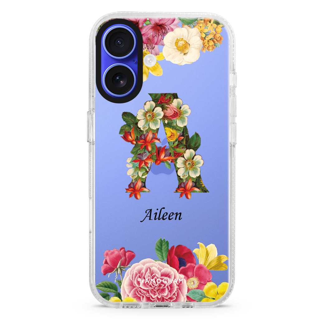 Bouqet Flower Letter iPhone 16 and 16 Plus ultra clear case, transparent floral artwork, front product view