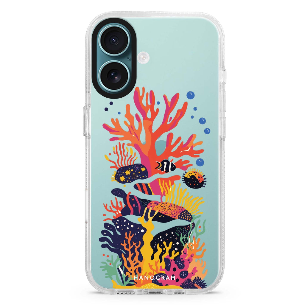 Groovy Reef iPhone 16 and 16 Plus ultra clear case, transparent graphic artwork, front product view