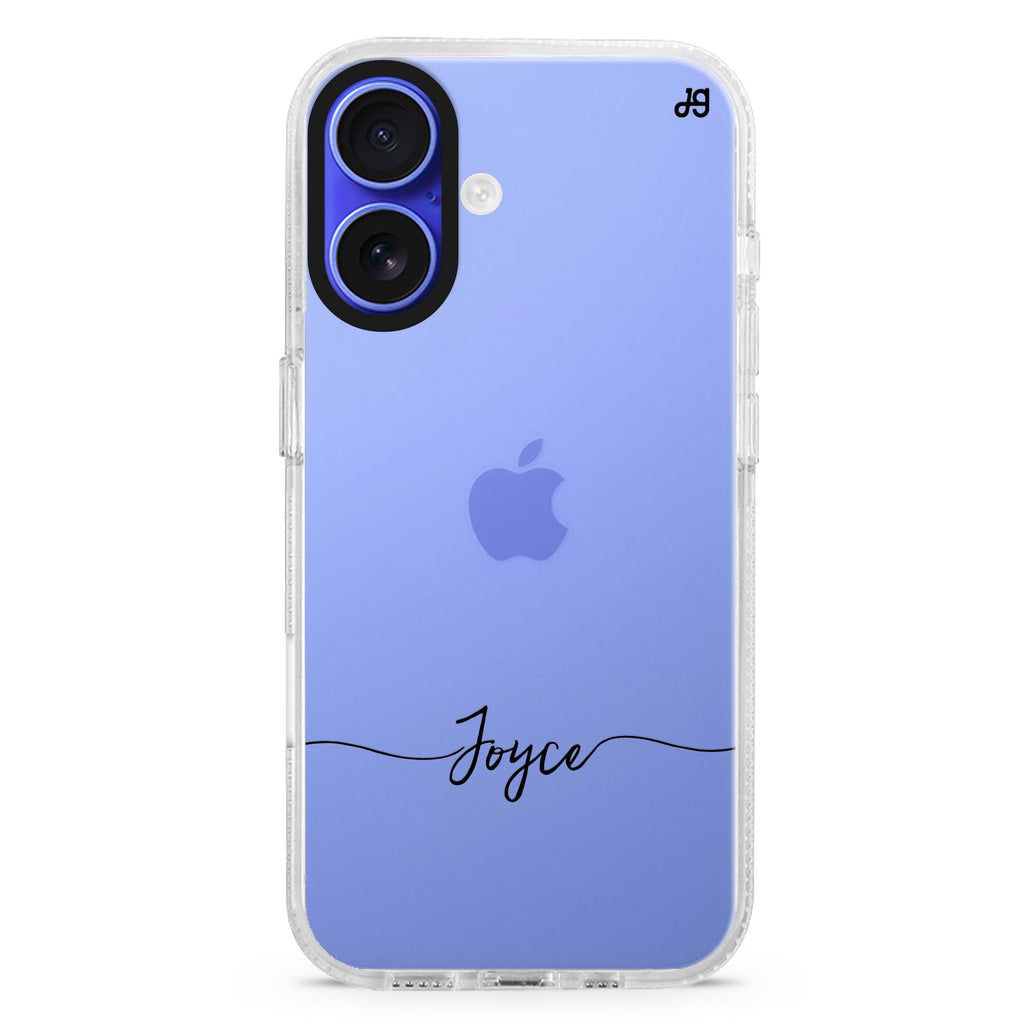 Initial handwritten custom name iPhone 16 and 16 Plus ultra clear case, transparent name artwork, front product view
