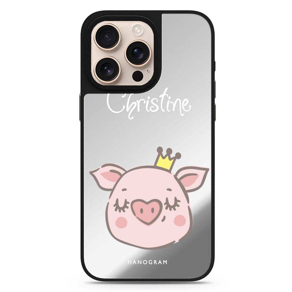 Piggy Queen personalized name animal design iPhone 16/15/14 Pro Max & Pro mirror case