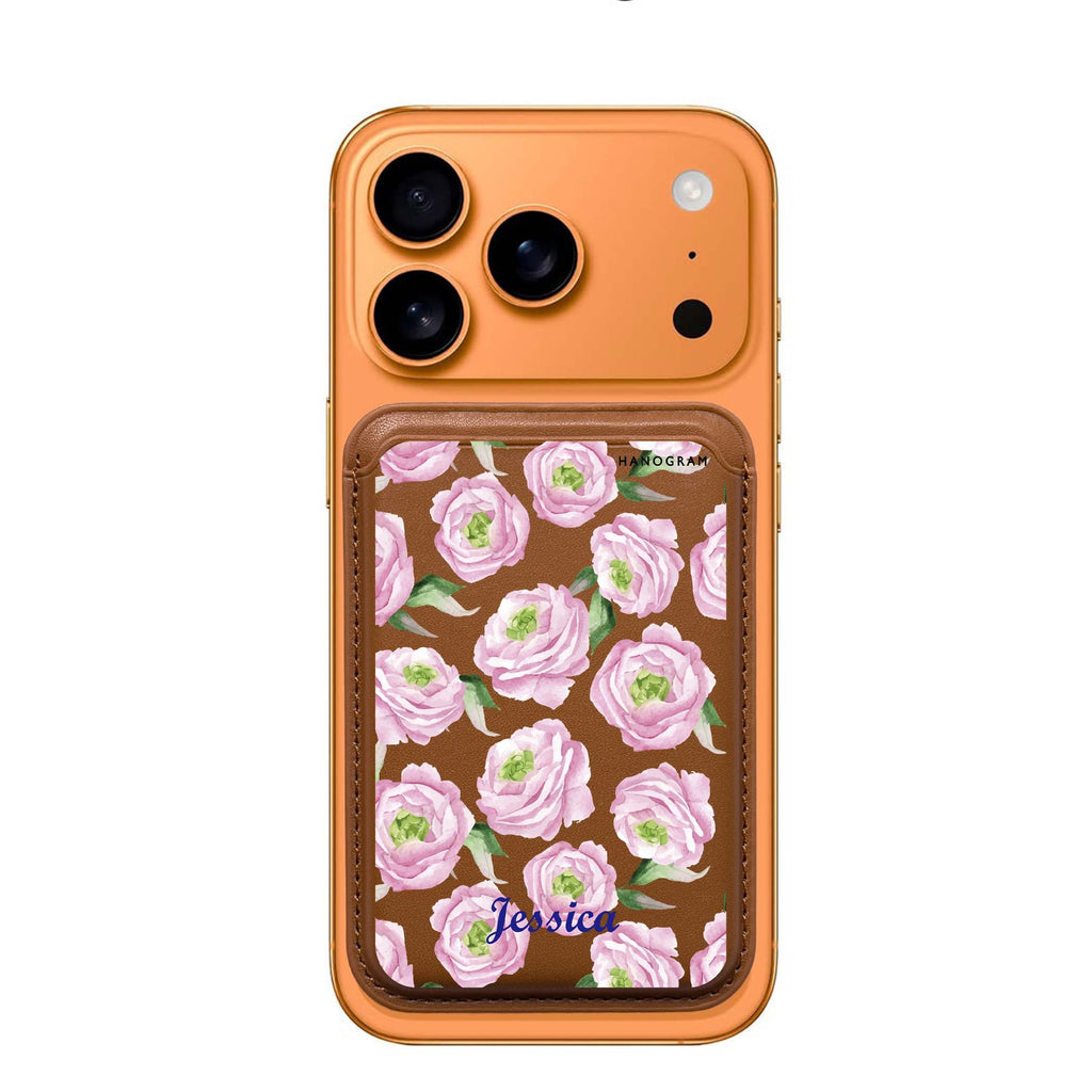 Watercolor Pink Floral custom name MagSafe wallet for iPhone, personalized magnetic card holder, main view