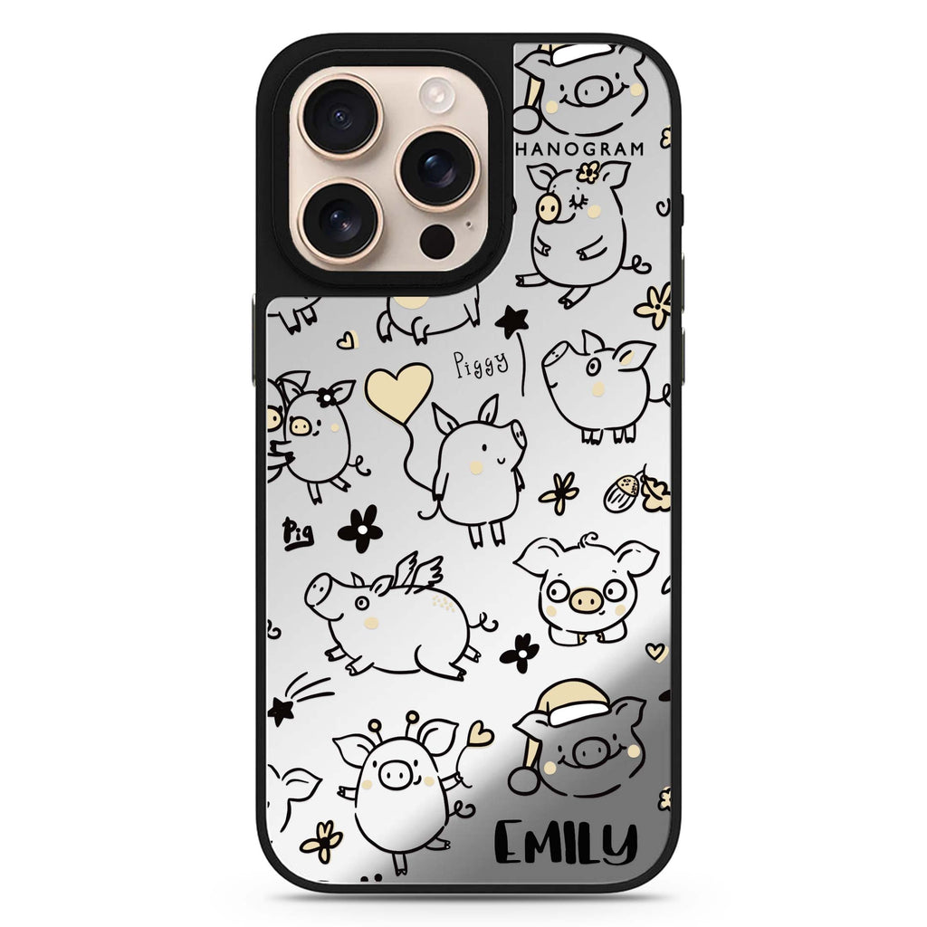 Lovely Piggy personalized name animal design iPhone 16/15/14 Pro Max & Pro mirror case