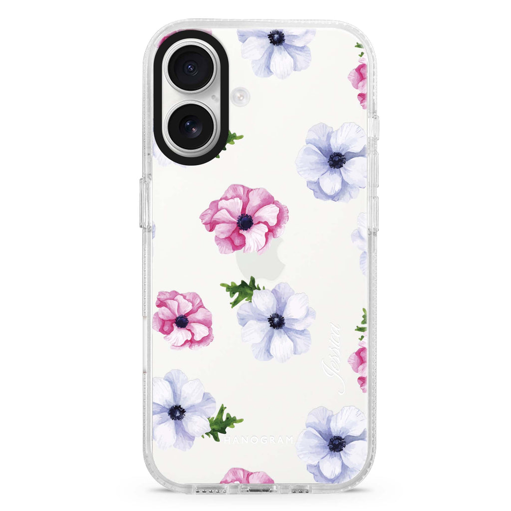 Ideal floral custom name iPhone 16 and 16 Plus ultra clear case, transparent floral artwork, front product view