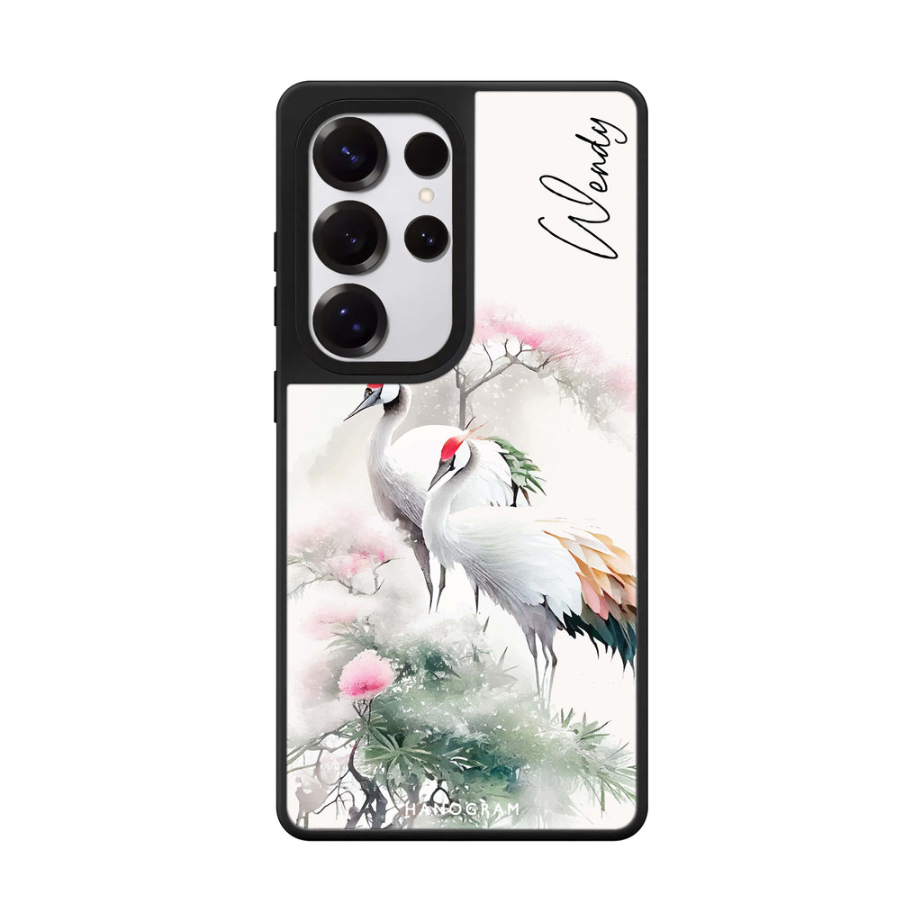 Custom Pines & Cranes Samsung Galaxy S25 S24 S23 Ultra mirror case, front view