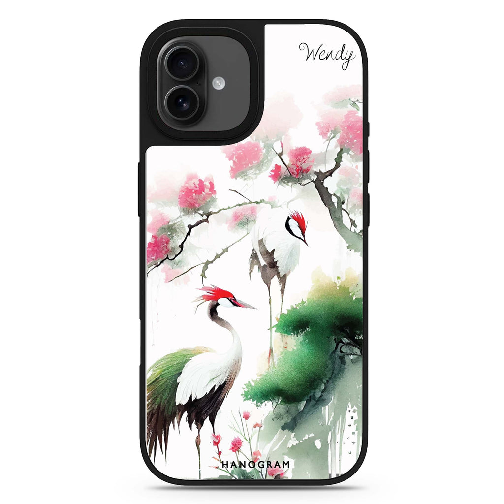 Pines & cranes design 2 personalized name animal nature iPhone 17 mirror case