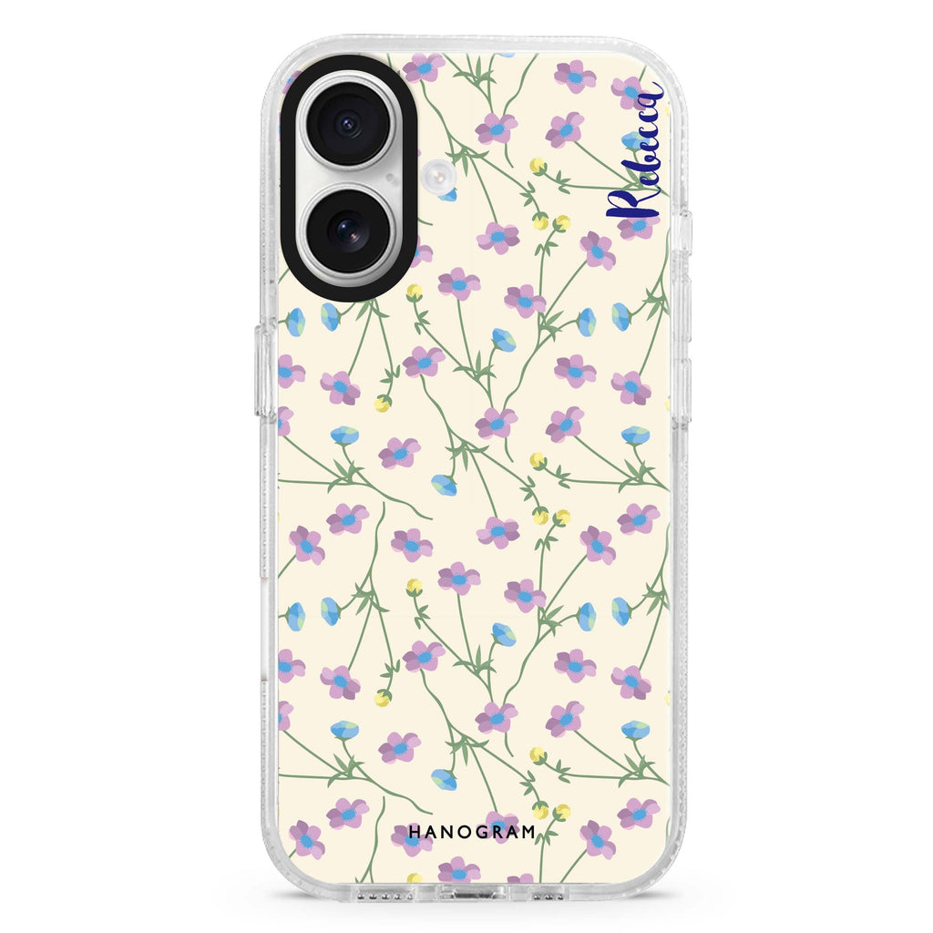 Girly floral custom name iPhone 16 and 16 Plus ultra clear case, transparent floral artwork, front product view